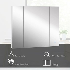 kleankin Dulap de baie cu oglindă și lumină LED, 90x15x75 cm, uși soft-close, reglabil în 3 culori, rafturi ajustabile, întrerupător tactil, alb | Aosom Romania
