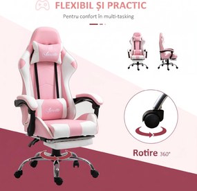 Vinsetto Scaun Gaming Ergonomic Reclinabil cu Tetieră, Pernă Lombară, Înălțime Reglabilă, Roz și Alb | Aosom Romania