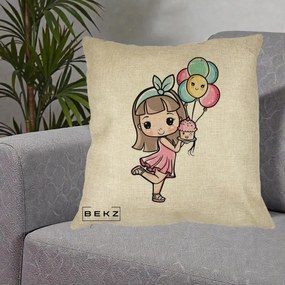 Perna Decorativa Fetita Kawaii cu Baloane si Cupcake, 40x40 cm, Crem, Husa Detasabila, Perna Inclusa, BEKZ®