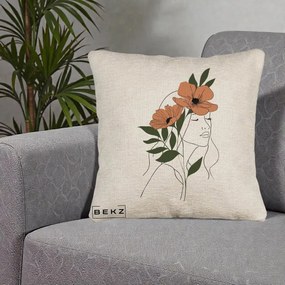 Perna Decorativa Portret Feminin Doua Maci Terracotta, 40x40 cm, Bej Canapea, Husa Detasabila, Perna Inclusa, BEKZ®