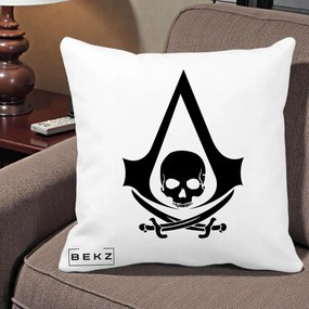 Perna Personalizata Assassin's Creed Black Flag Skull, 40x40 cm, Alba Mata, Husa Detasabila, Perna Inclusa, BEKZ®