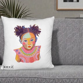 Perna Decorativa Fetita Vesela Portret Colorat, 40x40 cm, Alb Pufos, Husa Detasabila, Perna Inclusa, BEKZ®