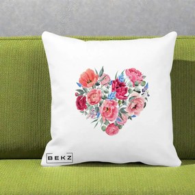 Perna Decorativa Inima din Bujori Acuarela, 40x40 cm, Alba Mata, Husa Detasabila, Perna Inclusa, BEKZ®