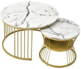 Set de 2 Măsuțe de Cafea Moderne, din MDF cu Finisaj Efect de Marmură și Structură Metalică Aurie, 70x70x47 cm și 45x45x40 cm, Alb
