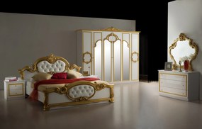 Dormitor Barocco, culoare alb / auriu, cu pat tapitat 160 x 200 cm, dulap cu 6 usi si oglinda, comoda, 2 noptiere (saltea si somiera incluse)