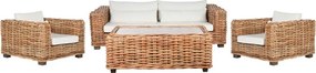 Set lounge exterior din rattan natural împletit, 4 piese cu canapea, 2 fotolii, măsuță și perne incluse, "Bahia"