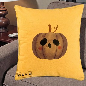 Perna Decorativa Dovleac Halloween Mov Kawaii, 40x40 cm, Galben, Husa Detasabila, Perna Inclusa, BEKZ®