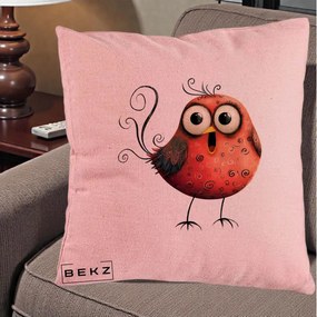 Perna Decorativa Pasare Rosie Exuberanta cu Spirale, 40x40 cm, Roz, Husa Detasabila, Perna Inclusa, BEKZ®