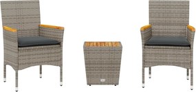 vidaXL Set bistro cu perne, 3 piese, gri, poliratan și sticlă