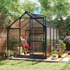 Outsunny Seră de Grădină, Seră din Policarbonat și Aluminiu cu Ușă Culisantă, Ventilație pe Acoperiș și Jgheab, 190x192x201 cm, Gri | Aosom Romania