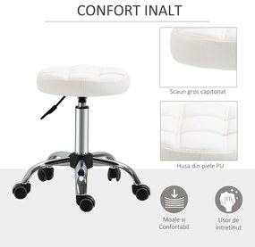 HOMCOM Scaun Rotativ cu Roti, Rotund, Scaun pentru Coafor și Estetician cu Înălțime Ajustabilă, Tapițat în Piele Ecologică, Ø35.5x51-67 cm, Alb