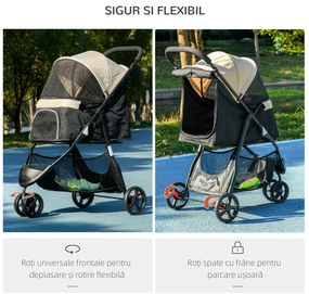 PawHut Cărucior pentru Câini cu 3 Roți, Cărucior Pliant cu Husă de Ploaie, Coș și Curea, 80,5x51,5x100 cm, Kaki | Aosom Romania