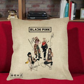 Perna Personalizata K-pop BLACKPINK Fotografie Grup Autografe Toate Membre, 40x40 cm, Crem, Husa Detasabila, Perna Inclusa, BEKZ®