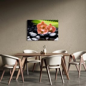 Tablou - Orhidee portocalie cu frunze de palmier (90x60 cm)