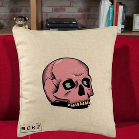 Perna Decorativa Craniu Roz Tatoo Art Halloween, 40x40 cm, Bej, Husa Detasabila, Perna Inclusa, BEKZ®