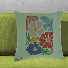 Perna Decorativa Flori Grafice Roz-Rosu-Albastru, 40x40 cm, Verde, Husa Detasabila, Perna Inclusa, BEKZ®