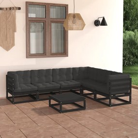 3076793 vidaXL Set mobilier grădină cu perne, 7 piese, negru, lemn masiv pin