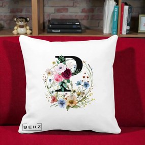 Cadou Personalizat - Perna Personalizata Monogram Litera P cu Flori Acuarela, 40x40 cm, Alba Mata, Husa Detasabila, Perna Inclusa, BEKZ®
