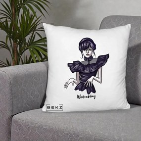 Perna Personalizata Wednesday Addams Dans Gotic, 40x40 cm, Alb Pufos, Husa Detasabila, Perna Inclusa, BEKZ®