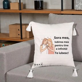 Cadou pentru Sora - Perna Personalizata Sora Mea Te Iubesc Imbratisare cu Sclipiri, 40x40 cm, Bej cu Franjuri, Husa Detasabila, Perna Inclusa, BEKZ®