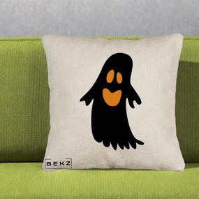 Perna Decorativa Halloween Fantoma Neagra cu Ochi Portocalii, 40x40 cm, Bej Canapea, Husa Detasabila, Perna Inclusa, BEKZ®
