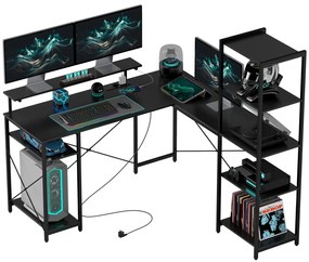 HOMCOM Birou în formă de L cu Stație de Încărcare, Birou de colț pentru calculator cu Suport pentru Monitor și Rafturi, pentru biroul acasă, birou, Negru | Aosom Romania