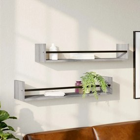 vidaXL Rafturi de perete cu bare, 2 buc, gri sonoma, 80x16x14 cm