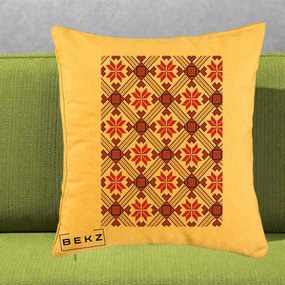 Perna Personalizata Motiv Traditional Ie Romaneasca Rosu, 40x40 cm, Galben, Husa Detasabila, Perna Inclusa, BEKZ®