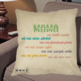 Cadou pentru Mama - Perna Personalizata Mama Cel Dintai Cuvant cu Text Colorat Multicolor, 40x40 cm, Crem, Husa Detasabila, Perna Inclusa, BEKZ®