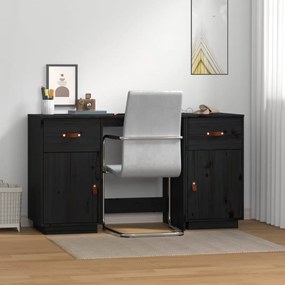 Birou cu dulapuri, negru, 135x50x75 cm, lemn masiv de pin Negru