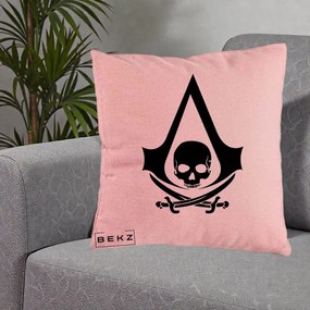 Perna Personalizata Assassin's Creed Black Flag Skull, 40x40 cm, Roz, Husa Detasabila, Perna Inclusa, BEKZ®