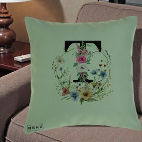 Cadou Personalizat - Perna Personalizata Monogram Litera T cu Flori Acuarela, 40x40 cm, Verde, Husa Detasabila, Perna Inclusa, BEKZ®
