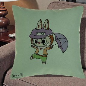 Perna Personalizata Labubu Lucky cu Umbrela, 40x40 cm, Verde, Husa Detasabila, Perna Inclusa, BEKZ®