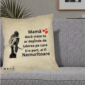 Cadou pentru Mama - Perna Personalizata Mama Nemuritoare Gravura Vintage, 40x40 cm, Crem, Husa Detasabila, Perna Inclusa, BEKZ®