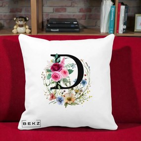 Cadou Personalizat - Perna Personalizata Monogram Litera D cu Flori Acuarela, 40x40 cm, Alba Mata, Husa Detasabila, Perna Inclusa, BEKZ®