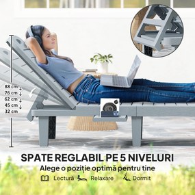 Outsunny Set de 2 șezlonguri, scaun lung cu tăvi retractabile, înclinabil, suprafață cu efect de lemn 62 x 158 x 88 cm, gri | Aosom Romania