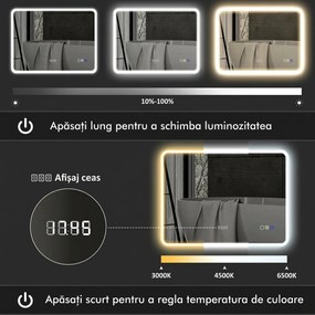 HOMCOM Oglindă LED pentru Baie cu Bluetooth, Iluminare Reglabilă și Funcție de Memorare, din Sticlă Securizată, 80x60x3,5 cm | Aosom Romania