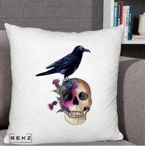 Perna Decorativa Craniu cu Corb si Flori Gothic, 40x40 cm, Alb Pufos, Husa Detasabila, Perna Inclusa, BEKZ®