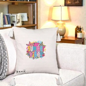 Perna Decorativa Summer Vibes Colorata, 40x40 cm, Bej cu Franjuri, Husa Detasabila, Perna Inclusa, BEKZ®