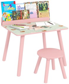 AIYAPLAY Set masă și scaun pentru copii, masă pentru copii cu scaun și suport pentru cărți, modele ursuleț, pentru copii 3-8 ani, roz | Aosom Romania