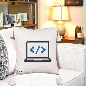 Perna Personalizata Laptop Cod HTML, 40x40 cm, Bej cu Franjuri, Husa Detasabila, Perna Inclusa, BEKZ®