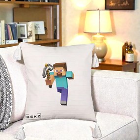 Perna Personalizata Minecraft Steve, 40x40 cm, Bej cu Franjuri, Husa Detasabila, Perna Inclusa, BEKZ®