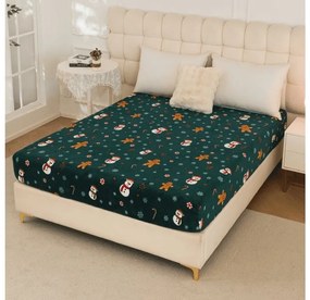 Cearsaf Cocolino microplus cu elastic SNOWMAN AND GINGERBREAD 200x200 cm verde