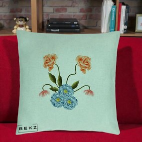 Perna Decorativa Trandafiri si Bujori Acuarela, 40x40 cm, Verde Menta, Husa Detasabila, Perna Inclusa, BEKZ®