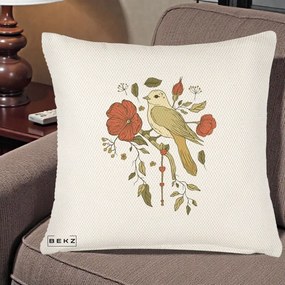 Perna Decorativa Pasare pe Ramura cu Maci, 40x40 cm, Crem Reliefat, Husa Detasabila, Perna Inclusa, BEKZ®
