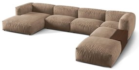 Colțar modular maro deschis cu tapițerie din catifea (cu colț pe partea dreaptă/în formă de "U") Martina – Micadoni