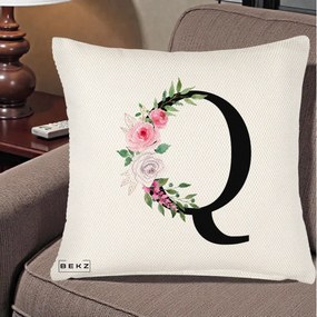 Cadou Personalizat - Perna Personalizata Monograma Florala Litera Q, 40x40 cm, Crem Reliefat, Husa Detasabila, Perna Inclusa, BEKZ®