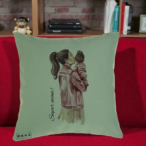 Cadou pentru Mama - Perna Personalizata Super Mom Jachete Roz, 40x40 cm, Verde, Husa Detasabila, Perna Inclusa, BEKZ®