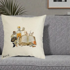 Perna Decorativa Grimoire Vrajitoare si Filtre Magice Halloween, 40x40 cm, Ecru, Husa Detasabila, Perna Inclusa, BEKZ®