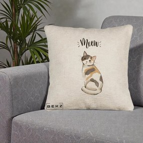 Perna Personalizata Pisica Meow Acuarela, 40x40 cm, Bej Canapea, Husa Detasabila, Perna Inclusa, BEKZ®